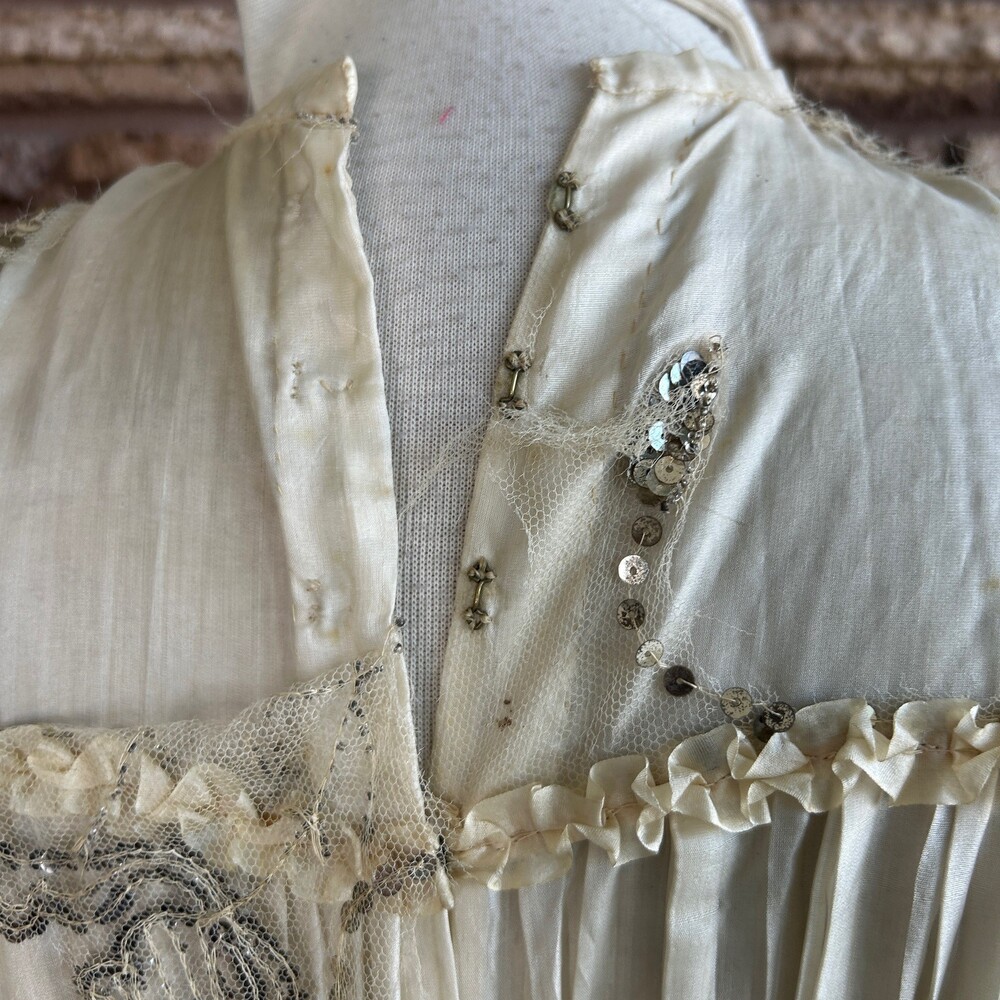 Antique Victorian Ivory Dress Mesh Lace Sequins Distressed Damaged As Is - Picture 8 of 16